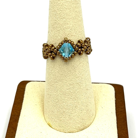 HAND CRAFTED Bronze Beaded Blue Crystal Ring - Picture 3 of 3